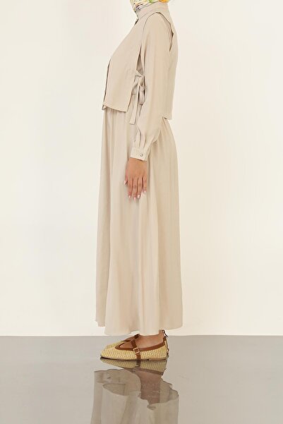 Loreen Γυναικείο μακρυμάνικο μάξι φόρεμα με μίνιμαλ κουμπιά-20691ELB - Μπεζ