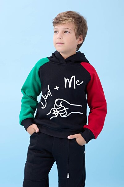 Perendi Erkek Çocuk Dad+Me Baskılı Kışlık Kapüşonlu İçi Polarlı Sweatshirt – Siyah