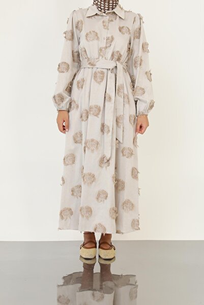 Loreen Women's 3D Floral Patterned Belted Maxi Dress -20695Elb - Mink