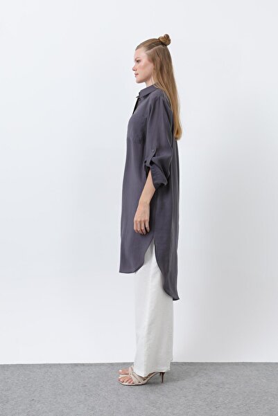 Puane Women's Long Shirt Tunic with Epaulettes on the Sleeves - 10685Tun - Antracite