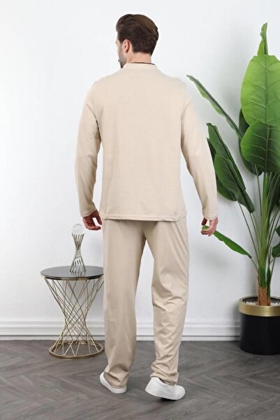 Madmext Beige Buttoned Collar Men's Pajama Set E7333
