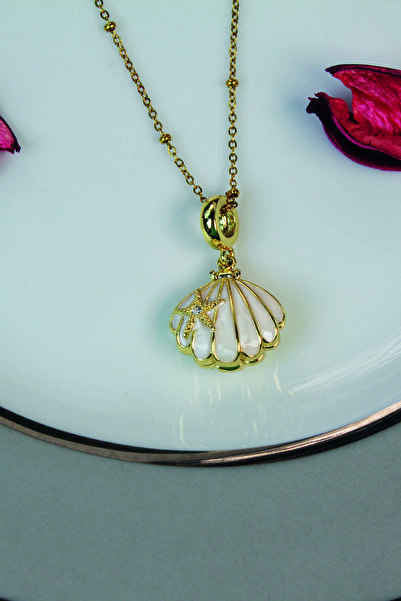 Bizle Tasarla Beyaz İstiridye Kolye Deniz Yıldızı Figürlü Açılır Kapak Zirkon Taşlı