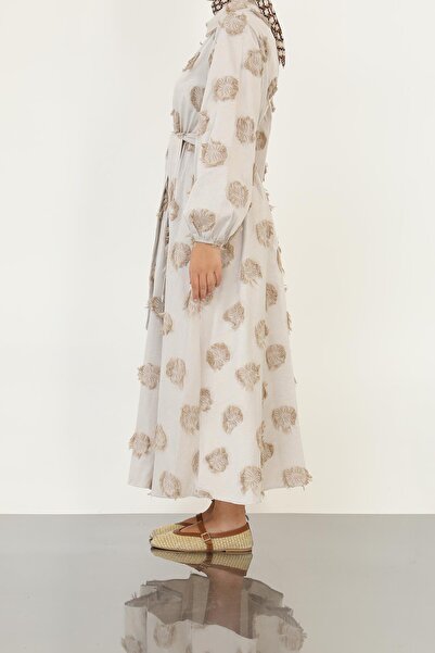 Loreen Women's 3D Floral Patterned Belted Maxi Dress -20695Elb - Mink