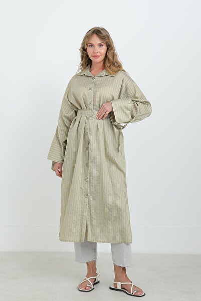 Puane Women's Belted Striped Tunic Shirt-10701Tun - Almond Green