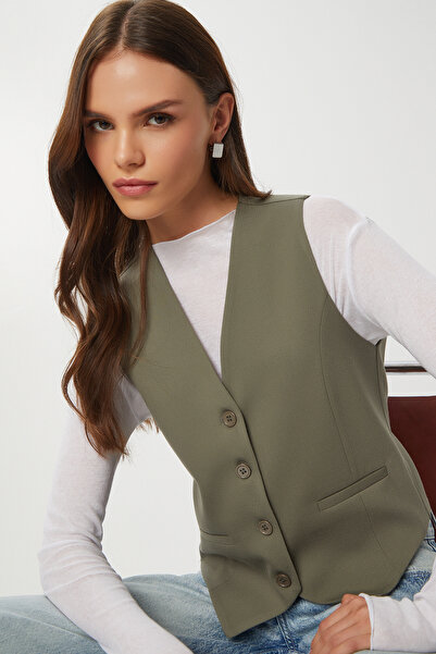 Lovelyİstanbul Buttoned Polyviscon Vest Lgp0019 Khaki