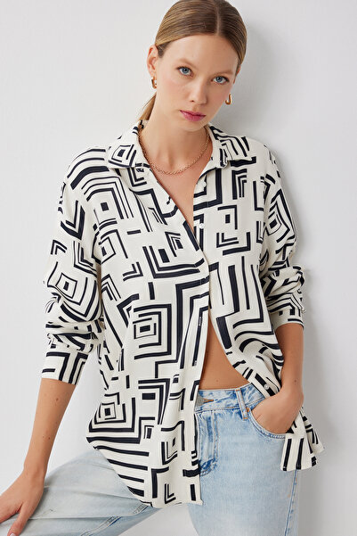 Lovelyİstanbul Patterned Oversize Satin Surface Shirt Lmx0113 Bone Black