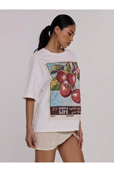 Kaptins Women's White T-Shirt with Slogan Cherry Pattern Printed T-Shirt Cotton