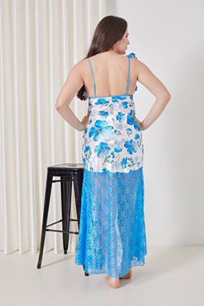 Lama Lingerie saten tül detaylı uzun gecelik