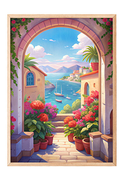 Zestia Tablou cu ramă din lemn, Stradă florală cu vedere la Marea Mediterană,...