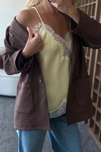 Laluvia Brown Suede Blazer Jacket - 85151