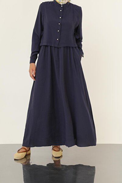 Loreen Kadın Minimal Düğmeli Kuşaklı Uzun Kollu Maxi Elbise-20691ELB - Lacivert
