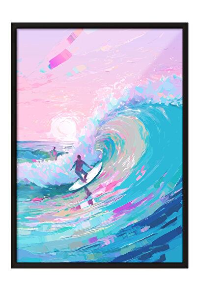 Zestia Tablou înrămat negru, design abstract cu valuri de mare, poster decora...