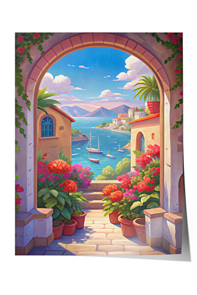 Zestia Poster fără ramă, Stradă florală cu vedere la Marea Mediterană, Poster...