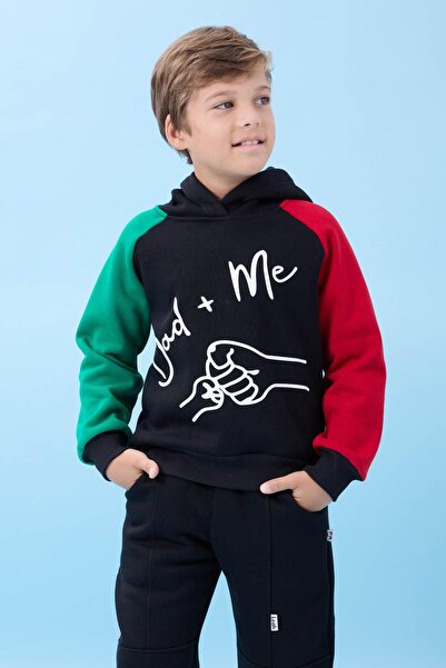 Perendi Erkek Çocuk Dad+Me Baskılı Kışlık Kapüşonlu İçi Polarlı Sweatshirt – Siyah