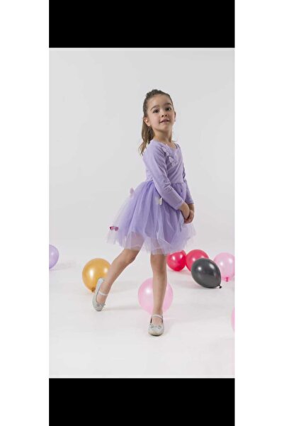 HMZ GOLD Kelebek İşlemeli Pamuklu Uzun Kollu Mevsimlik Doğum Günü Parti Anaokulu Elbisesi