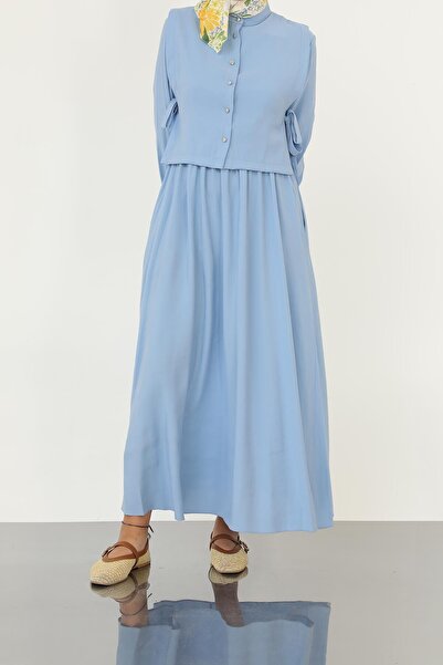 Loreen Women's Minimal Buttoned Belted Long Sleeve Maxi Dress-20691Elb - Blue
