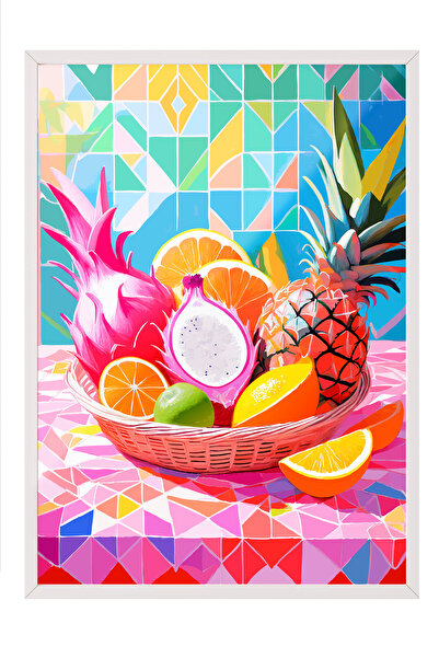 Zestia Tablou cu ramă albă, design geometric cu fructe colorate, poster decor...