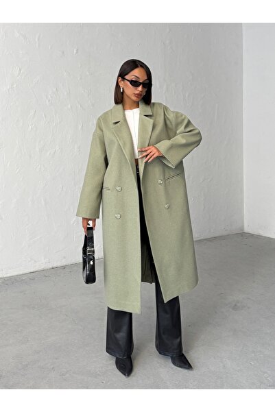 BEJNA Women's Green Buttoned Soft Textured Cashmere Coat