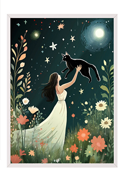 Zestia Tablou înrămat alb, Noapte și pisică neagră, Poster decorativ pentru c...