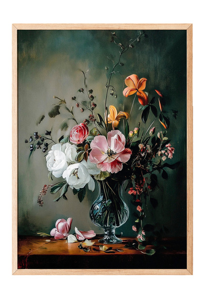 Zestia Tablou cu ramă din lemn, model floral elegant pe fundal negru, poster ...