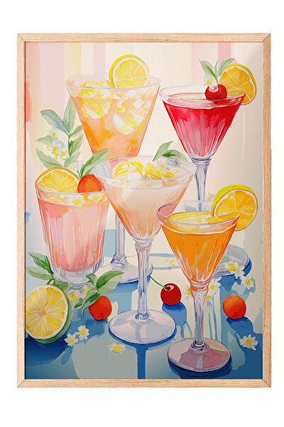 Zestia Tablou cu ramă din lemn, design cu pahare de cocktail colorate, poster...