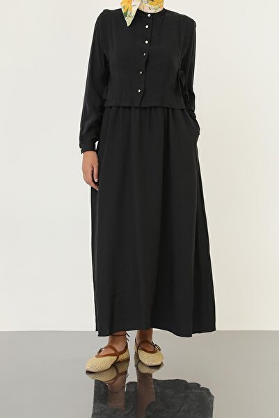 Loreen Women's Minimal Buttoned Belted Long Sleeve Maxi Dress-20691Elb - Black