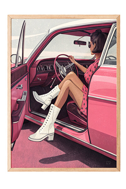 Zestia Tablou cu ramă din lemn, mașină retro roz și femeie, poster decorativ ...