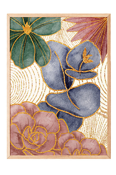 Zestia Tablou cu ramă din lemn, flori cu accente aurii, poster decorativ pent...