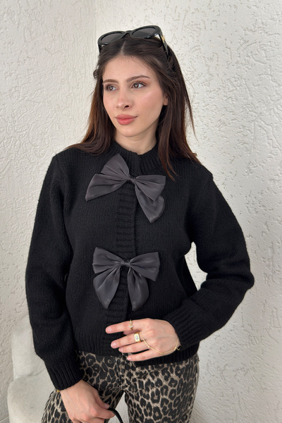 Salih Çelebi Knitted Cardigan with Bow on the Front 7020 - Black