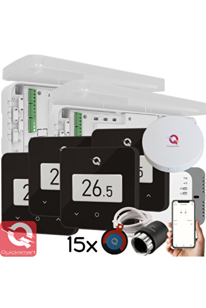 Quicksmart Wireless Floor Heating Automation Kit Q20, 2x 8-Zone Controller, 4x Q30 Thermostats, 15 Actuators, H