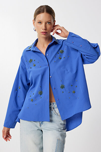 Lovelyİstanbul Stylish Stone Detailed Woven Shirt Lfg0141 Purple