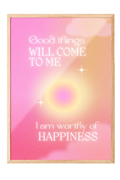 Zestia Tablou cu ramă din lemn, Fericirea vine la mine, Poster decorativ pent...