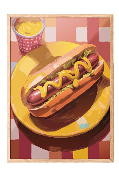 Zestia Tablou cu ramă din lemn, Ilustrație Hot Dog, Poster decorativ pentru b...