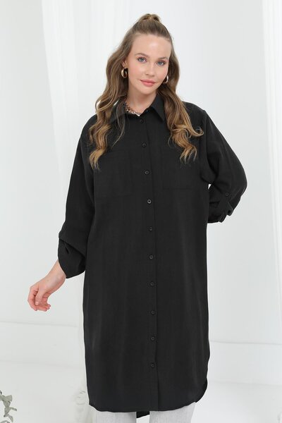 Puane Women's Long Shirt Tunic with Epaulettes on the Sleeves - 10685Tun - Black