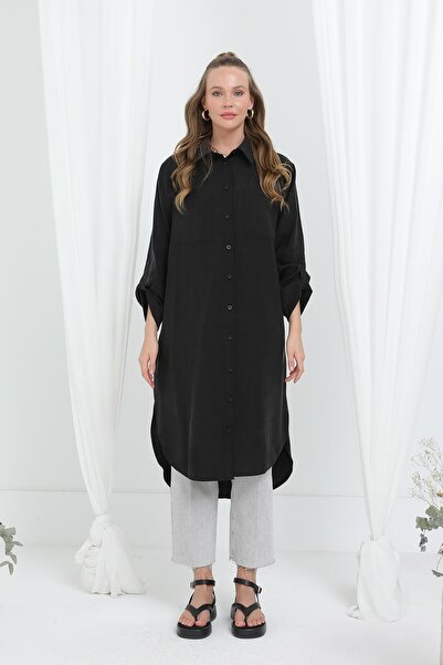 Puane Women's Long Shirt Tunic with Epaulettes on the Sleeves - 10685Tun - Black