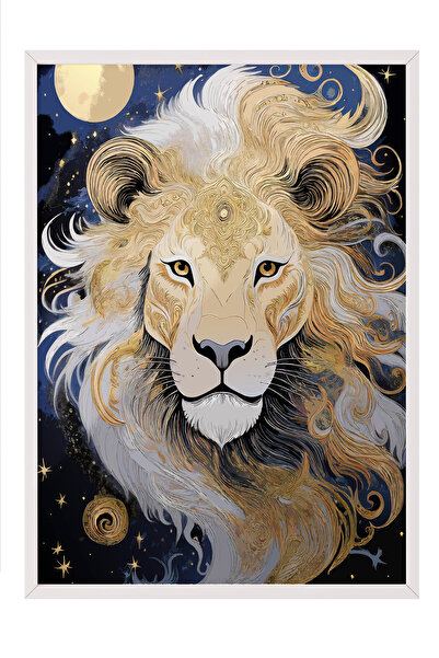 Zestia Tablou în ramă albă, Portretul Leului cu coamă aurie, Poster decorativ...