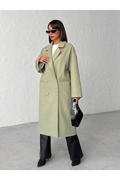 BEJNA Women's Green Buttoned Soft Textured Cashmere Coat