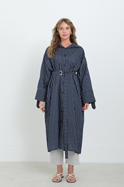 Puane Women's Belted Striped Tunic Shirt-10701Tun - Navy