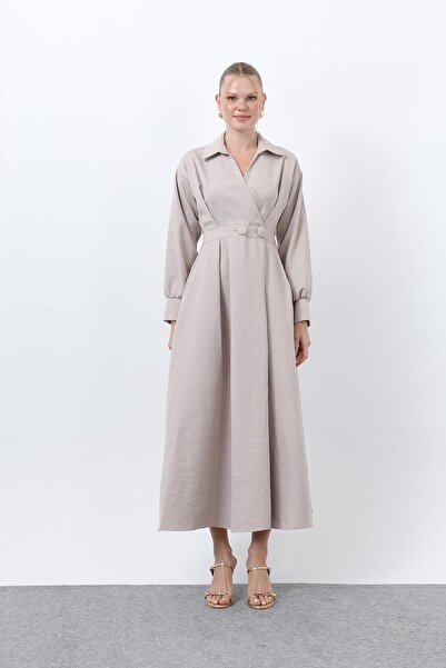 Loreen Γυναικείο φόρεμα με λεπτομέρεια με κουμπιά-20674ELB - Μπεζ