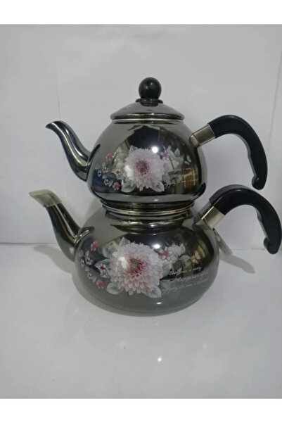 abnturk Isıya Dayanıklı Lüks Büyük boy Çicek Desenli Emaye Çaydanlık Seti Alt...