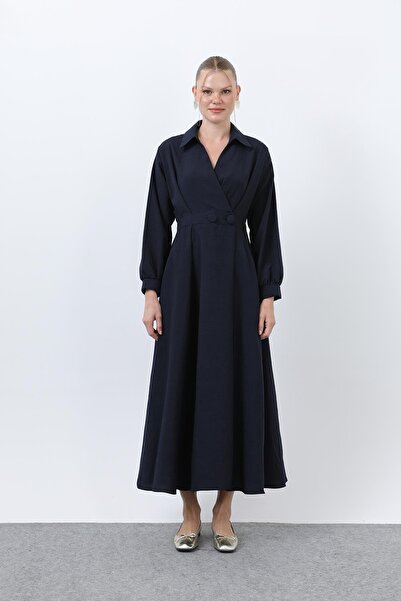 Loreen Γυναικείο φόρεμα με λεπτομέρεια με κουμπιά-20674ELB - Σκούρο μπλε