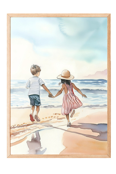 Zestia Tablou cu ramă din lemn, Peisaj cu copii la malul mării, Poster decora...