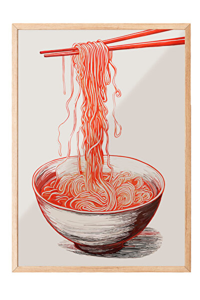 Zestia Tablou cu ramă din lemn, ilustrație cu bol roșu de ramen, poster decor...