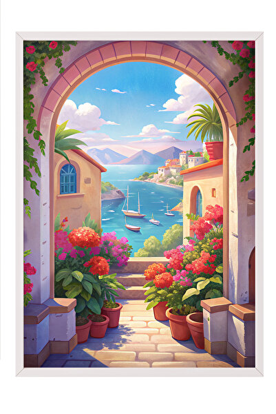 Zestia Tablou cu ramă albă, Stradă florală cu vedere la Marea Mediterană, Pos...