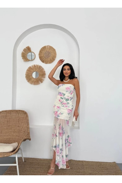 asfamoda Rochie de damă albă din tul fără bretele cu model floral
