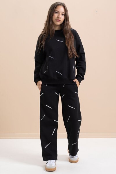 Cansın Mini Μαύρο κοριτσίστικο σετ φόρμας με σχέδιο 3 νήματα με φαρδύ πόδι 22642