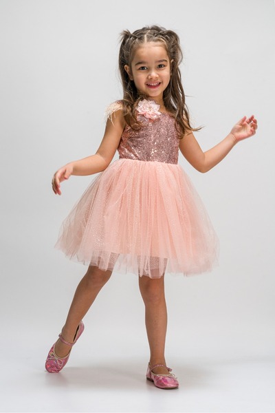 HMZ GOLD Sequined Top, Feather Detailed Sleeves, Birthday, Special Day, Party Dress