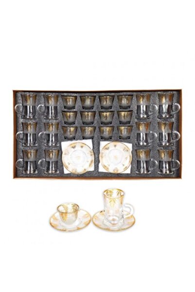 Generic Tea and Coffee Cups Set with Saucers - 36 Pieces, Transparent with Golden Decor