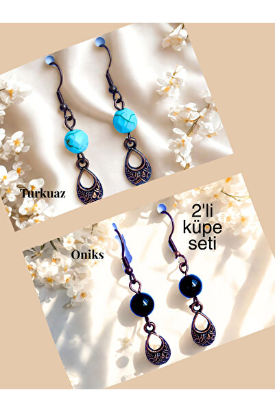 ayrestyle Turquoise & Onyx Natural Stone Bohemian Drop Dangle, Women's 2-Piece Earring Set, Turquoise - Black