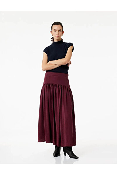 Koton Modal Fabric Loose Fit Pleated Long Flared Burgundy Women's Skirt 6Wak7...